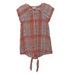 Bella Dahl Plaid Tie Front Top Girls Peach and White Plaid Size 8